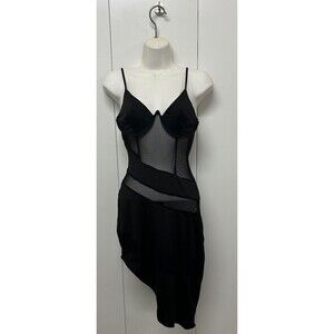 Fashion Nova Women’s Sensual Desires Mini Dress Black Mesh Asymmetrical Hem
